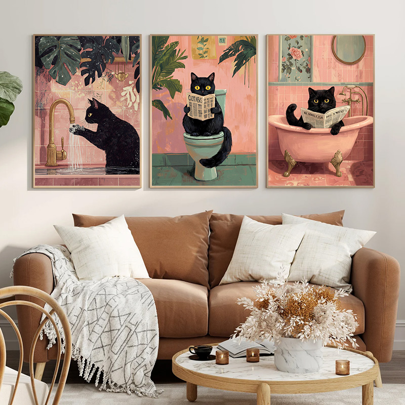 Resin Art And Deco - ภาพตกแต่งผนังห้องน้ำลายแมวดำสุดฮา สไตล์เรโทร น่ารัก ลายแมวในอ่างอาบน้ำ โถสุขภัณฑ์ อ่างล้างหน้า