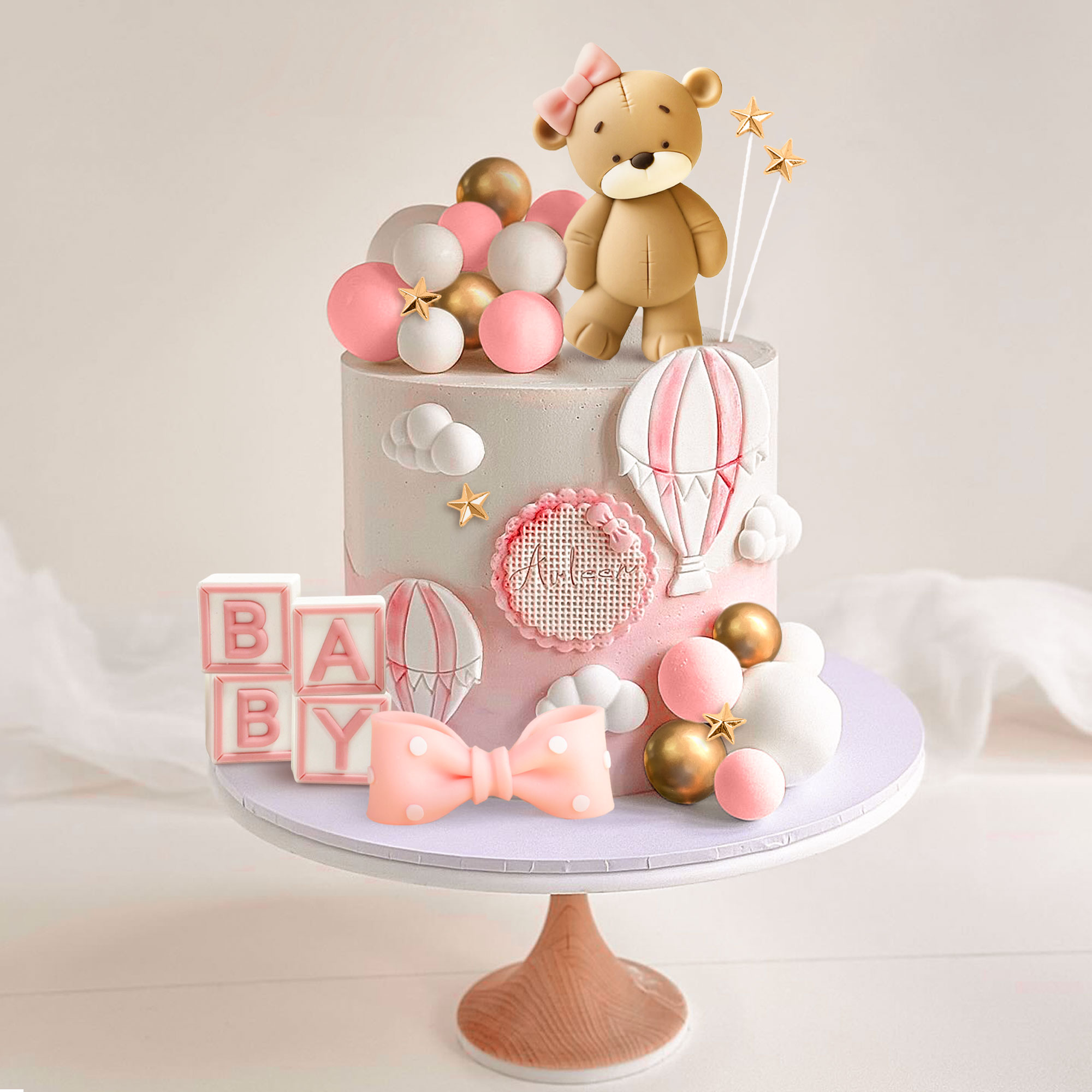 Resin Art Alphabet - LaVenty หมีสีชมพูเค้กตกแต่งเด็กหมี Baby Shower เค้ก Topper