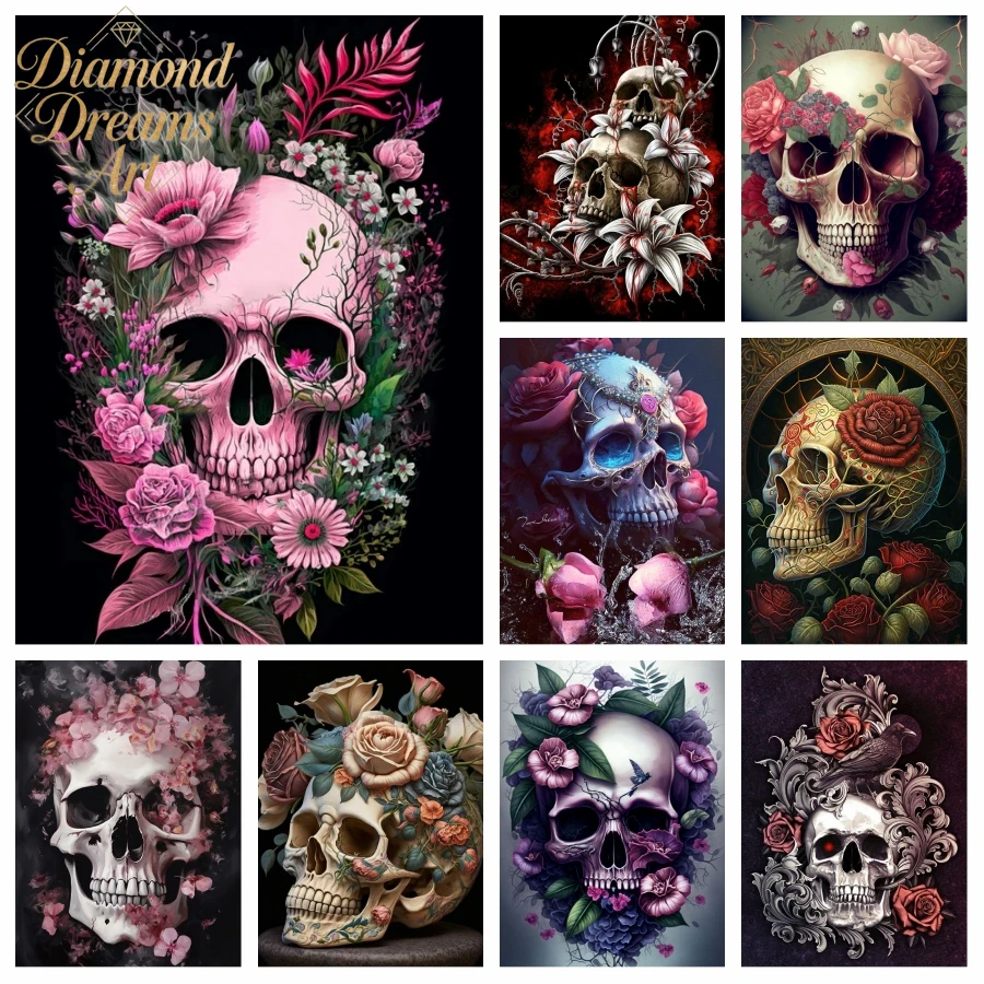 Resin Art With Rose - ภาพเพชรไร้กรอบลายหัวกะโหลกฮาโลวีน ศิลปะวันแห่งความตายของเม็กซิโก โครงกระดูกสยองขวัญ กุหลาบคริสตัล งานปักครอสสติชตกแต่ง