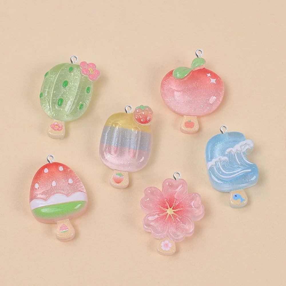 Resin Art And Deco - จี้เรซิ่นรูปไอศกรีมฤดูร้อนน่ารัก 10 ชิ้น ลายกระบองเพชร ดอกพีช กลิตเตอร์